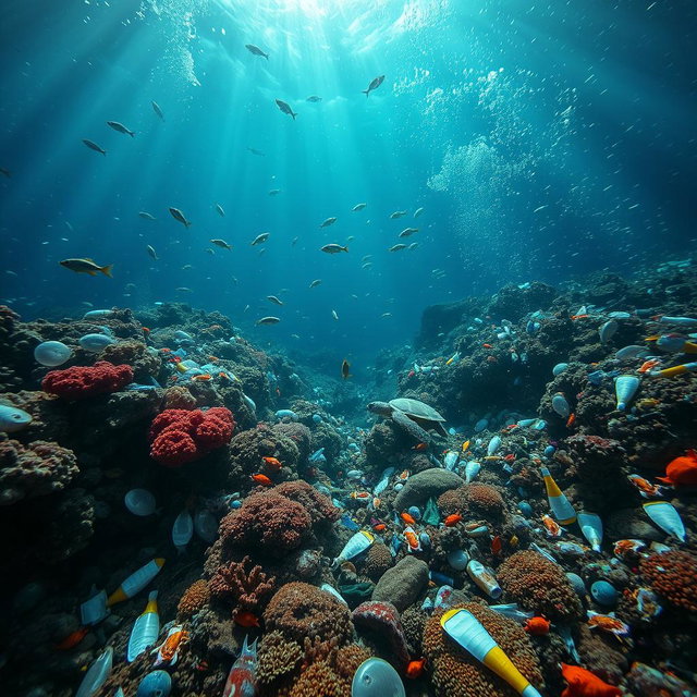 A dramatic underwater landscape showcasing the impact of pollution on marine life, featuring a vibrant yet haunting scene