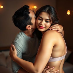 A 39-year-old Indonesian man with pure white skin affectionately hugging a beautiful 28-year-old woman from behind, kissing her cheek in a passionate and romantic setting