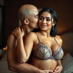 A 39-year-old Indonesian man with pure white skin affectionately hugging a beautiful 28-year-old woman from behind, kissing her cheek in a passionate and romantic setting