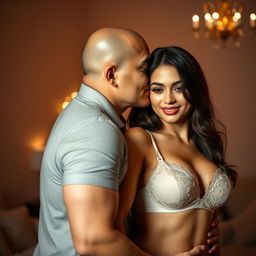 A 39-year-old Indonesian man with pure white skin affectionately hugging a beautiful 28-year-old woman from behind, kissing her cheek in a passionate and romantic setting