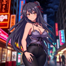 A sultry anime character with long flowing hair, wearing a form-fitting, stylish outfit that enhances her curves