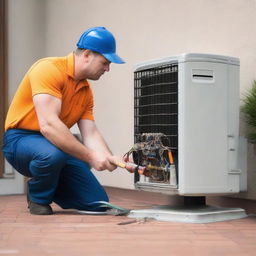 A skilled air conditioning mechanic with tools in hand, actively engaged in repairing an air conditioning unit within a residential environment.