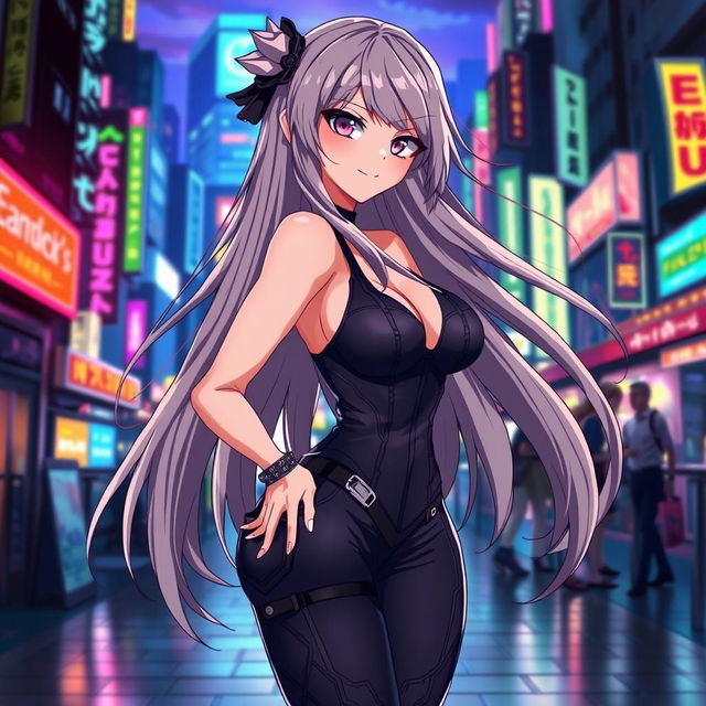 A sultry anime character with long flowing hair, wearing a form-fitting, stylish outfit that enhances her curves