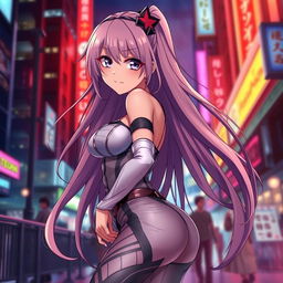 A sultry anime character with long flowing hair, wearing a form-fitting, stylish outfit that enhances her curves