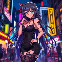 A sultry anime character with long flowing hair, wearing a form-fitting, stylish outfit that enhances her curves
