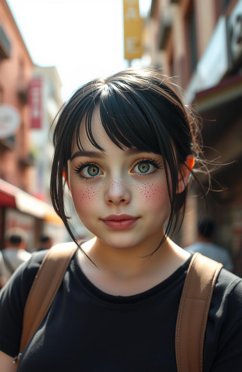 A girl with black hair, a round face adorned with freckles, and almond-shaped green eyes with long eyelashes