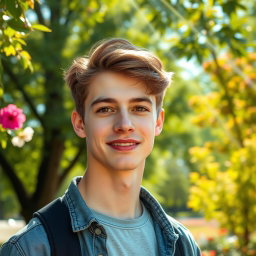 A tall and handsome young man, 21 years old, with stylish, tousled brown hair and warm brown eyes
