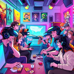 A vibrant digital illustration capturing the essence of enthusiastic gamers in a colorful gaming environment