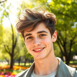 A tall and handsome young man, 21 years old, with stylish, tousled brown hair and warm brown eyes