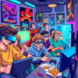 A vibrant digital illustration capturing the essence of enthusiastic gamers in a colorful gaming environment