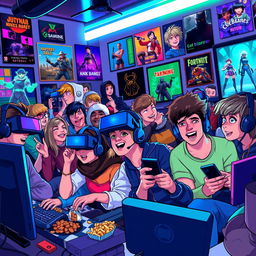 A vibrant digital illustration capturing the essence of enthusiastic gamers in a colorful gaming environment
