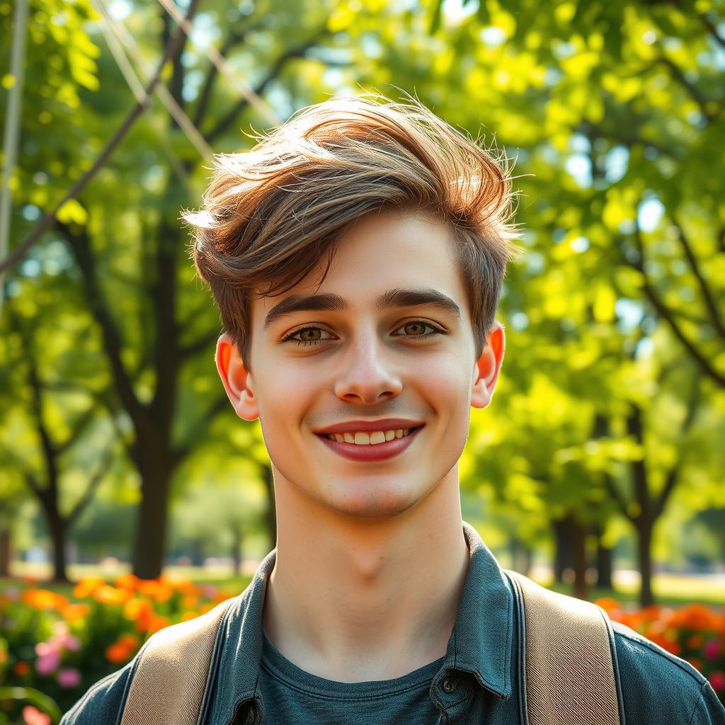 A tall and handsome young man, 21 years old, with stylish, tousled brown hair and warm brown eyes