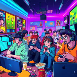 A vibrant digital illustration capturing the essence of enthusiastic gamers in a colorful gaming environment
