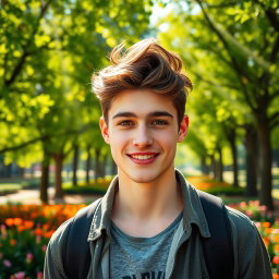 A tall and handsome young man, 21 years old, with stylish, tousled brown hair and warm brown eyes