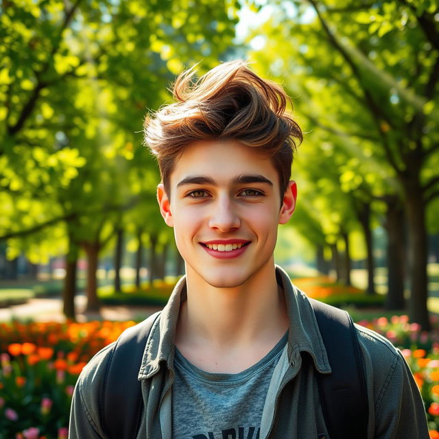 A tall and handsome young man, 21 years old, with stylish, tousled brown hair and warm brown eyes