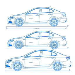 A detailed blueprint-style illustration of a sedan car showcasing various views: front view, front-left corner view, left side view, rear-left corner view, rear-right corner view, right side view, and front-right corner view