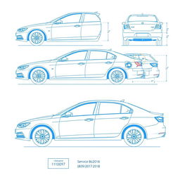 A detailed blueprint-style illustration of a sedan car showcasing various views: front view, front-left corner view, left side view, rear-left corner view, rear-right corner view, right side view, and front-right corner view