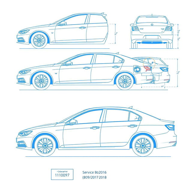 A detailed blueprint-style illustration of a sedan car showcasing various views: front view, front-left corner view, left side view, rear-left corner view, rear-right corner view, right side view, and front-right corner view