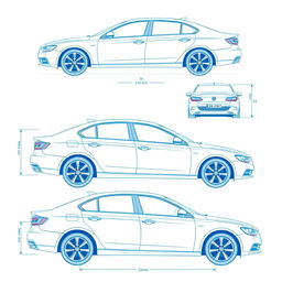 A detailed blueprint-style illustration of a sedan car showcasing various views: front view, front-left corner view, left side view, rear-left corner view, rear-right corner view, right side view, and front-right corner view