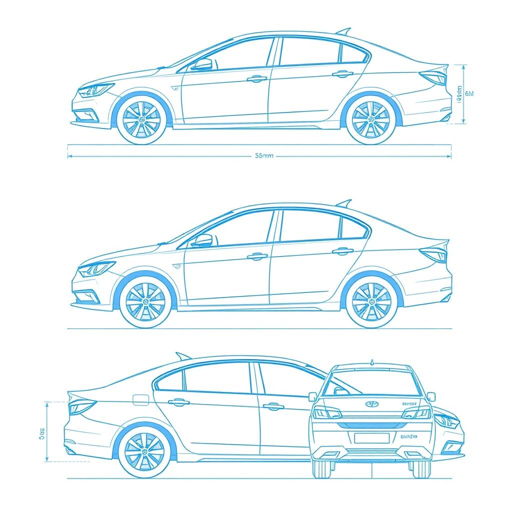 A detailed blueprint-style illustration of a sedan car showcasing various views: front view, front-left corner view, left side view, rear-left corner view, rear-right corner view, right side view, and front-right corner view