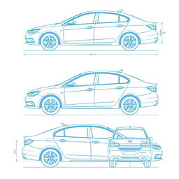 A detailed blueprint-style illustration of a sedan car showcasing various views: front view, front-left corner view, left side view, rear-left corner view, rear-right corner view, right side view, and front-right corner view