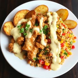 A delicious plate of enchilado featuring chicken and pork, served with vibrant primavera rice