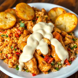 A delicious plate of enchilado featuring chicken and pork, served with vibrant primavera rice