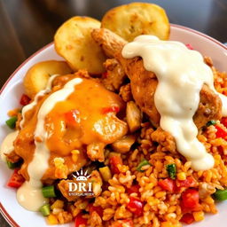 A delicious plate of enchilado featuring chicken and pork, served with vibrant primavera rice