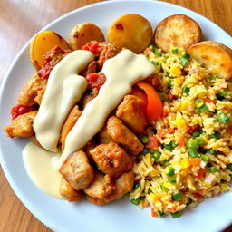 A delicious plate of enchilado featuring chicken and pork, served with vibrant primavera rice
