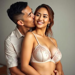 A 39-year-old Indonesian man with pure white skin embraces a beautiful 28-year-old woman from behind in a tender and affectionate manner, kissing her cheek