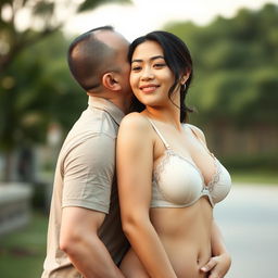 A 39-year-old Indonesian man with pure white skin embraces a beautiful 28-year-old woman from behind in a tender and affectionate manner, kissing her cheek