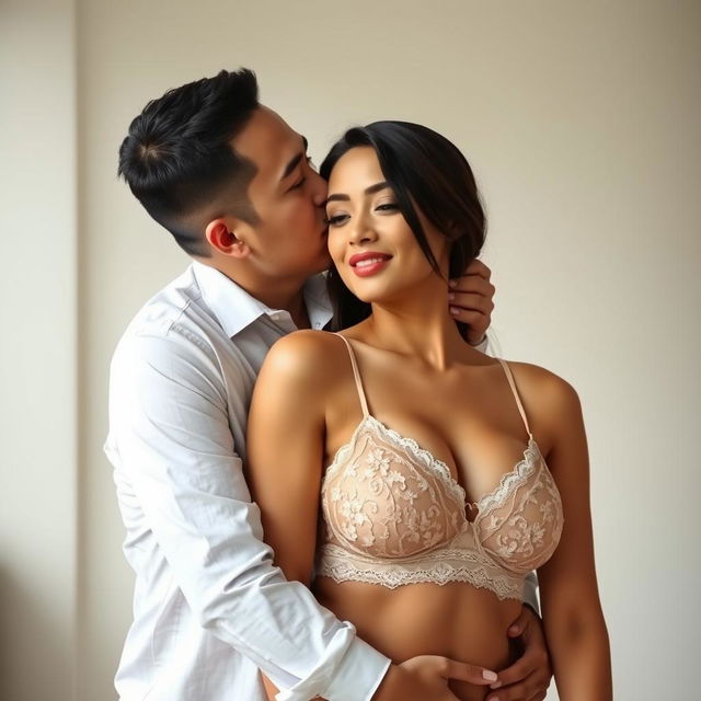 A 39-year-old Indonesian man with pure white skin embraces a beautiful 28-year-old woman from behind in a tender and affectionate manner, kissing her cheek