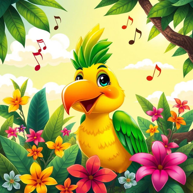 A vibrant and colorful illustration of a bird resembling Vinicius, the famous Brazilian character