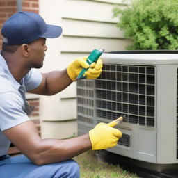 A skilled air conditioning mechanic with tools in hand, actively engaged in repairing an air conditioning unit within a residential environment.