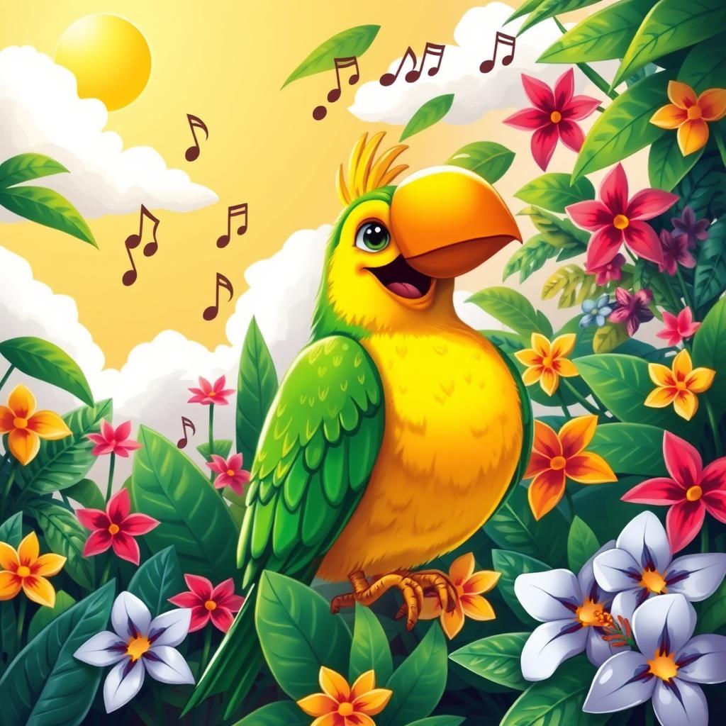 A vibrant and colorful illustration of a bird resembling Vinicius, the famous Brazilian character