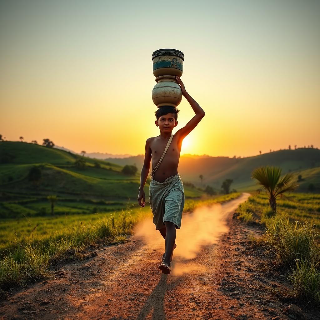 A scene depicting a young man named Raju walking barefoot on a dirt path through a rural landscape