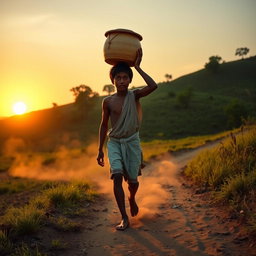 A scene depicting a young man named Raju walking barefoot on a dirt path through a rural landscape