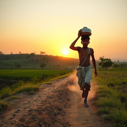 A scene depicting a young man named Raju walking barefoot on a dirt path through a rural landscape