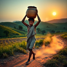 A scene depicting a young man named Raju walking barefoot on a dirt path through a rural landscape