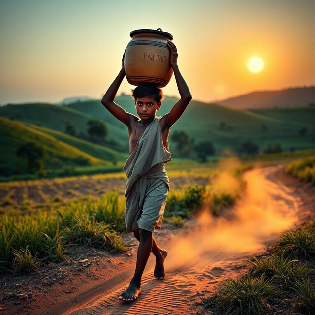 A scene depicting a young man named Raju walking barefoot on a dirt path through a rural landscape