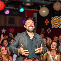 A bold and charismatic comedian performing on stage, radiating confidence and humor