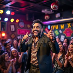 A bold and charismatic comedian performing on stage, radiating confidence and humor