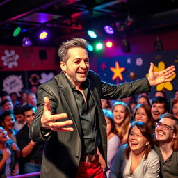 A bold and charismatic comedian performing on stage, radiating confidence and humor