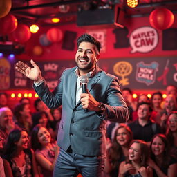 A bold and charismatic comedian performing on stage, radiating confidence and humor