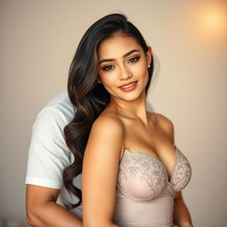 A 39-year-old Indonesian man with pure white skin tenderly embraces a beautiful 28-year-old woman from behind while kissing her cheek affectionately