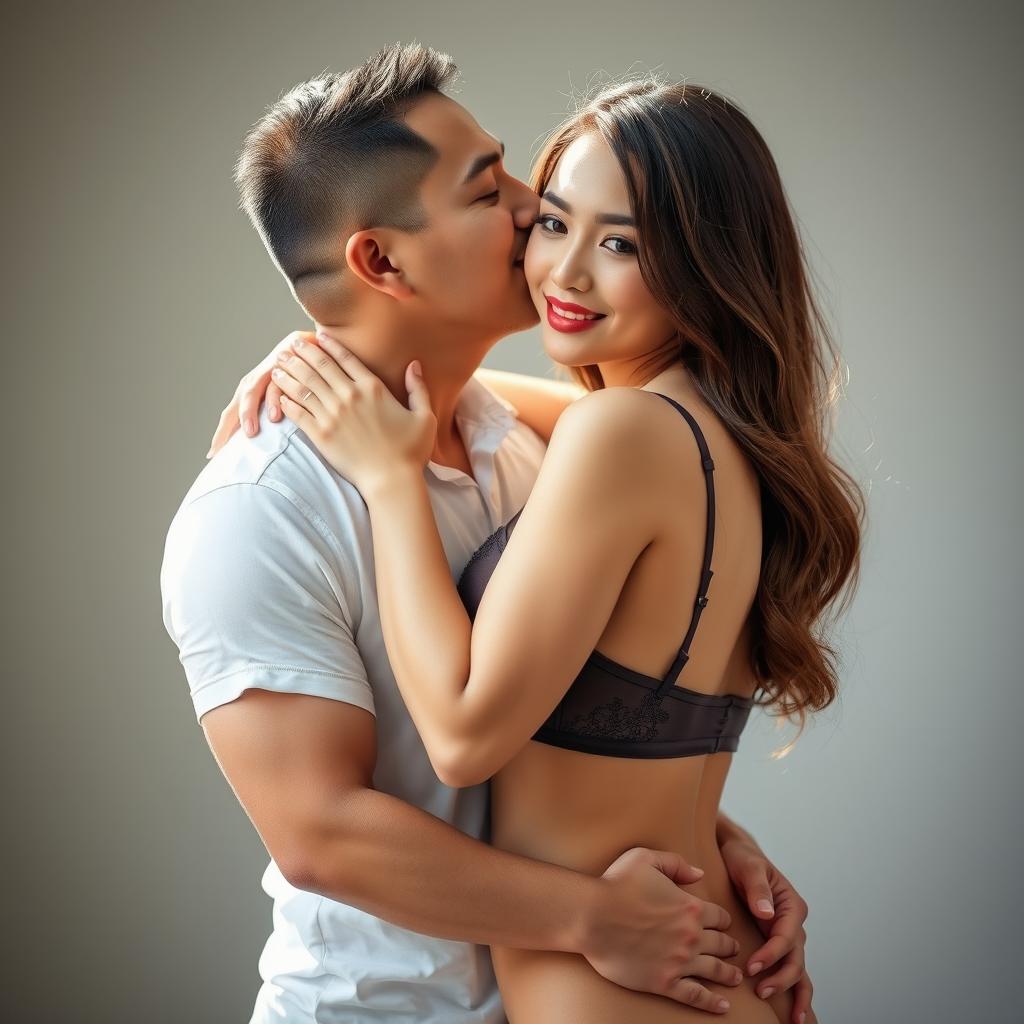 A 39-year-old Indonesian man with pure white skin tenderly embraces a beautiful 28-year-old woman from behind while kissing her cheek affectionately
