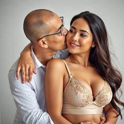 A 39-year-old Indonesian man with pure white skin tenderly embraces a beautiful 28-year-old woman from behind while kissing her cheek affectionately