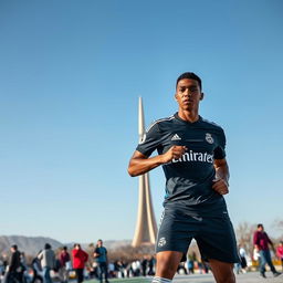 A dynamic and striking image of Kylian Mbappé wearing Real Madrid's soccer kit, standing confidently beside the Azadi Tower in Tehran