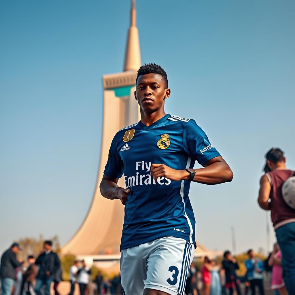 A dynamic and striking image of Kylian Mbappé wearing Real Madrid's soccer kit, standing confidently beside the Azadi Tower in Tehran