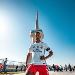 A dynamic and striking image of Kylian Mbappé wearing Real Madrid's soccer kit, standing confidently beside the Azadi Tower in Tehran